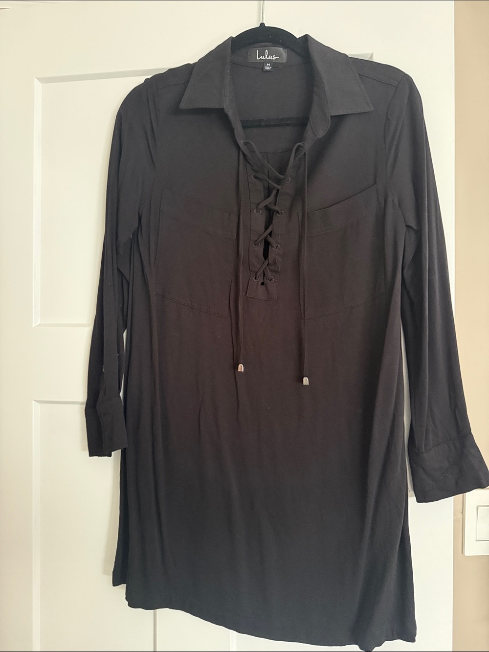 Lulu's Black Lace-Up Collared Long Sleeve Tunic Dress
